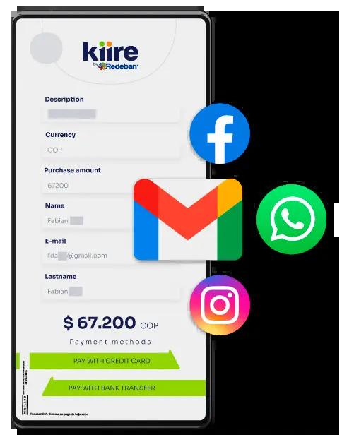 Celular mostrando una interfaz de link de pago de Kiire, rodeado por los logotipos de Gmail, WhatsApp, Facebook e Instagram.