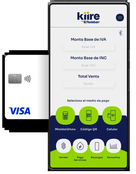 Celular mostrando la interfaz de la aplicación Kiire para ingresar montos de venta, junto a una tarjeta de crédito Visa con tecnología sin contacto.