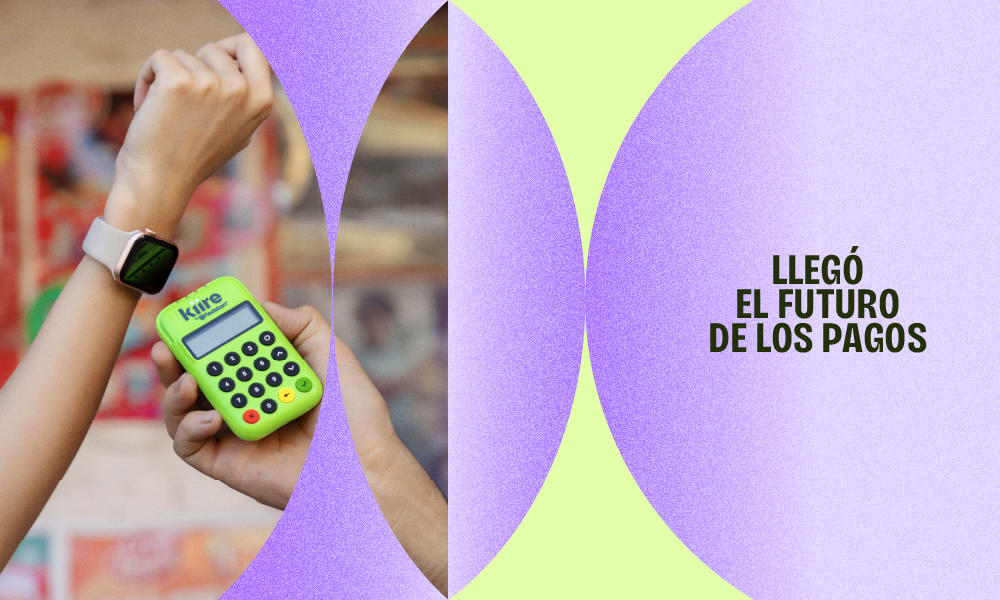Persona pagando con reloj inteligente en un dispositivo Kiire. Texto: Llegó el futuro de los pagos.