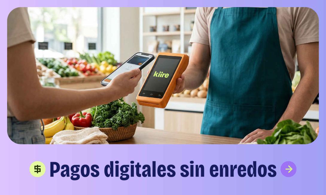 Texto 'PAGOS DIGITALES SIN ENREDOS' con imagen de pago en datáfono inteligente.